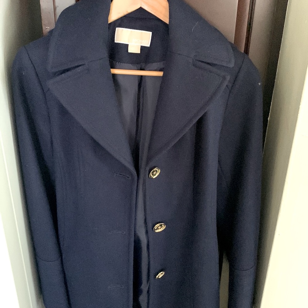 Michael Kors three-quarter length navy blue coat with a hood
